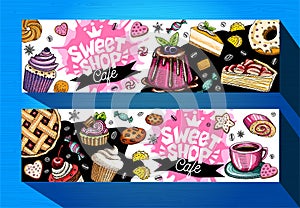 Sweet shop cafe banners template. Colorful sweets labels, emblem. Hand drawn vector