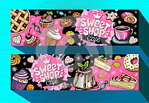 Sweet shop cafe banners template. Colorful sweets labels, emblem. Hand drawn vector