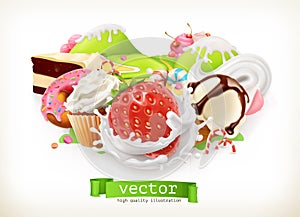 Sweet shop. Confectionery and desserts, Strawberry and milk, ice cream, whipped cream, cake, cupcake, candy. Vector illustration