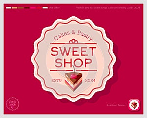 Sweet Shop emblem. Identity. Text and piece of chocolate cake with cherry in wavy circle. Identity. App button.