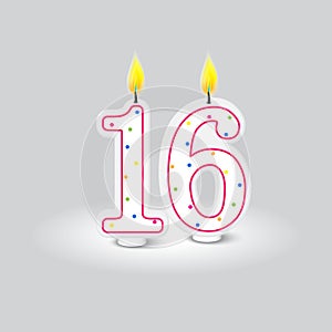 Sweet sixteen birthday candle. Celebration number decoration. Vibrant festive design. Vector illustration. EPS 10.