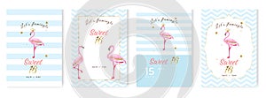 Sweet sixteen party invitation cards set with flamingos, glitters and stars. Template design