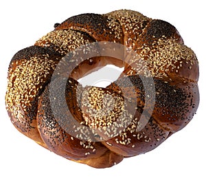 Sweet Slavic bun made in the form of a ring, and called Kalach, on a white background in isolation