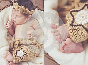 Sweet sleeping newborn baby in wicker basket-collage