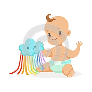 Sweet smiling baby in a diaper playing with toy cloud, colorful cartoon character vector Illustration