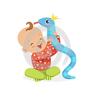 Sweet smiling baby playing with toy snake, colorful cartoon character vector Illustration