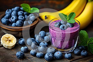 Sweet smoothie or milkshake with banana and blueberries. Purple colorful fruit juice milkshake. Diet smoothie with yogurt or milk