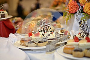 Delicious sweet snacks small cakes with cream and chocolate on the banquet table