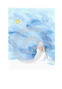 A sweet snowman looking at a bright star watercolor illustration