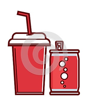 Sweet soda in can and paper cup with straw