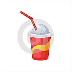 Sweet Soda Drink In Paper Cup With Straw, Street Fast Food Cafe Menu Item Colorful Vector Icon