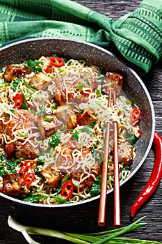 Sweet and sour tofu, chicken, and wok noodles