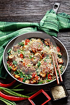 Sweet and sour tofu, chicken, and wok noodles