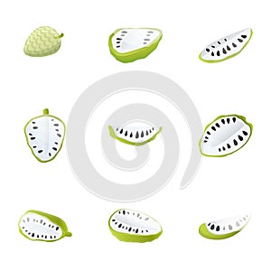 Sweet soursop icon set, cartoon style