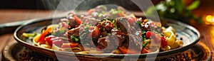 Sweet and spicy beef stir-fry over handmade pasta, a fusion dish blending traditions and tastes, in warm kitchen light