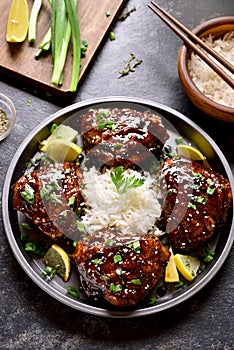 Sweet and spicy honey grilled chicken thighs with rice