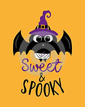 Sweet and spooky - cute baby bat in witch hat.