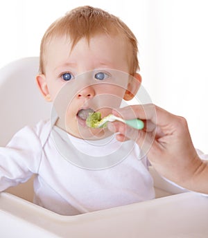 Sweet, spoon and baby eating vegetables in feeding chair in a studio for health and nutrition. Cute, natural and boy