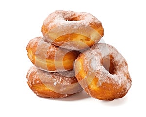 Sweet stack of beignets with holes  on a white background, Generative AI