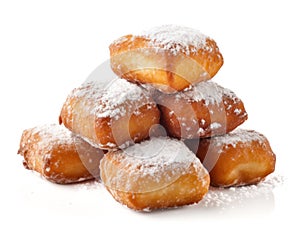 Sweet stack of sweet fresh beignets  on a white background, Generative AI