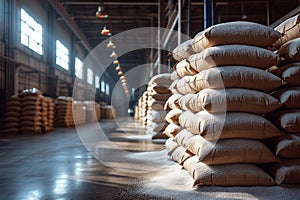 Sweet storage bags of sugar in a well stocked warehouse