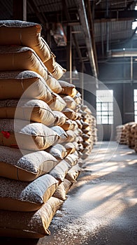 Sweet storage bags of sugar in a well stocked warehouse