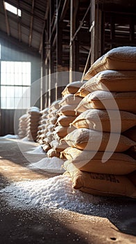 Sweet storage bags of sugar in a well stocked warehouse