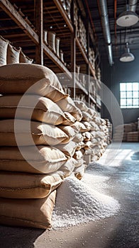 Sweet storage bags of sugar in a well stocked warehouse
