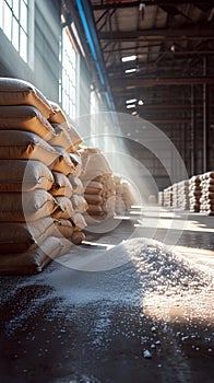 Sweet storage bags of sugar in a well stocked warehouse