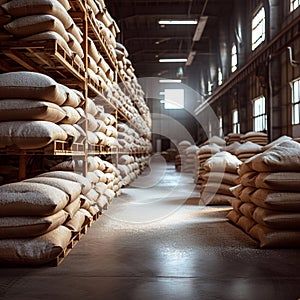 Sweet storage bags of sugar in a well stocked warehouse