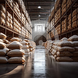 Sweet storage bags of sugar in a well stocked warehouse