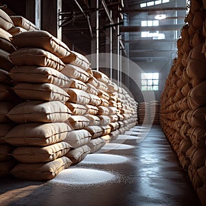 Sweet storage bags of sugar in a well stocked warehouse