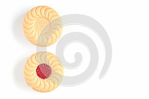 sweet strawberry inside cookie on white background.