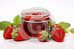 Sweet strawberry jam in a glass jar on white background with copy space for text placement