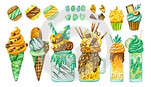 Sweet-stuff, confection hand drawn illustrations in african leopard, zebra and giraffe style. Milkshake, cookies, cupcake