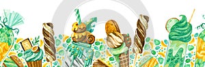 Sweet-stuff, confection hand drawn illustrations horizontal background. Ice cream, lollipops, cupcakes, milkshakes, sweets, marmal