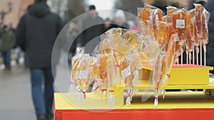 Sweet sugar lollipops of different shape at street