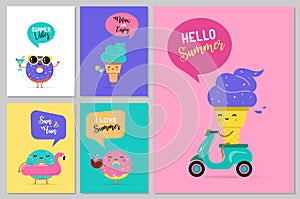 Sweet summer - cute ice cream, watermelon and donuts characters make fun