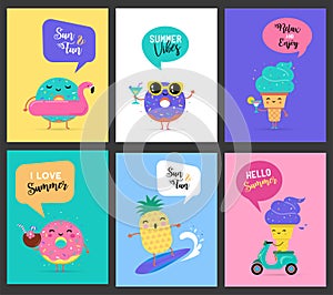 Sweet summer - cute ice cream, watermelon and donuts characters make fun