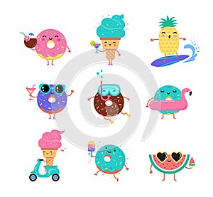 Sweet summer - cute ice cream, watermelon and donuts characters make fun