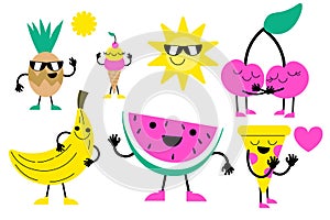 Sweet summer - cute ice cream, watermelon pizza and fruits characters make fun. Pool, sea and beach summer activities