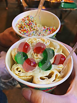 Sweet summer dessert ice cream in paper bowls