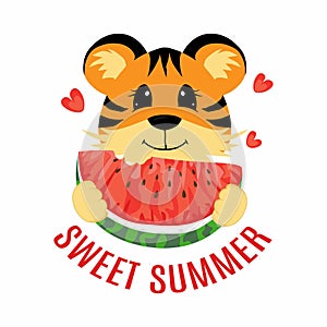 Sweet Summer. Greeting postcard. Little cute tiger is eating a slice of waterlemon