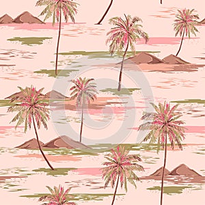 Sweet summer seamless island pattern Landscape with colorful palm trees,beach and ocean vector hand drawn style