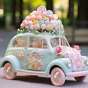 Sweet Surrender - Artistic Depiction of a Wedding Vehicle Adorned with Sweet and Sugary Candies