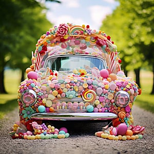 Sweet Surrender - Artistic Depiction of a Wedding Vehicle Adorned with Sweet and Sugary Candies