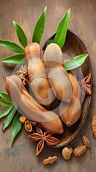 Sweet tamarind and leaves on wooden background, tropical fruit concept photo