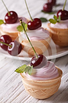 Sweet tartlet with cream and cherry close up. vertical