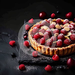 Sweet temptation Bakewell Tart on dark background with text space