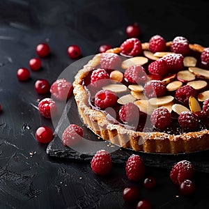 Sweet temptation Bakewell Tart on dark background with text space